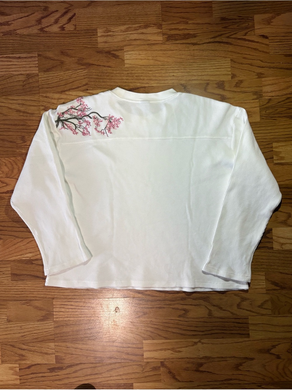 Women's Cream Knit Sweater with Pink Floral Shoulder Embroidery